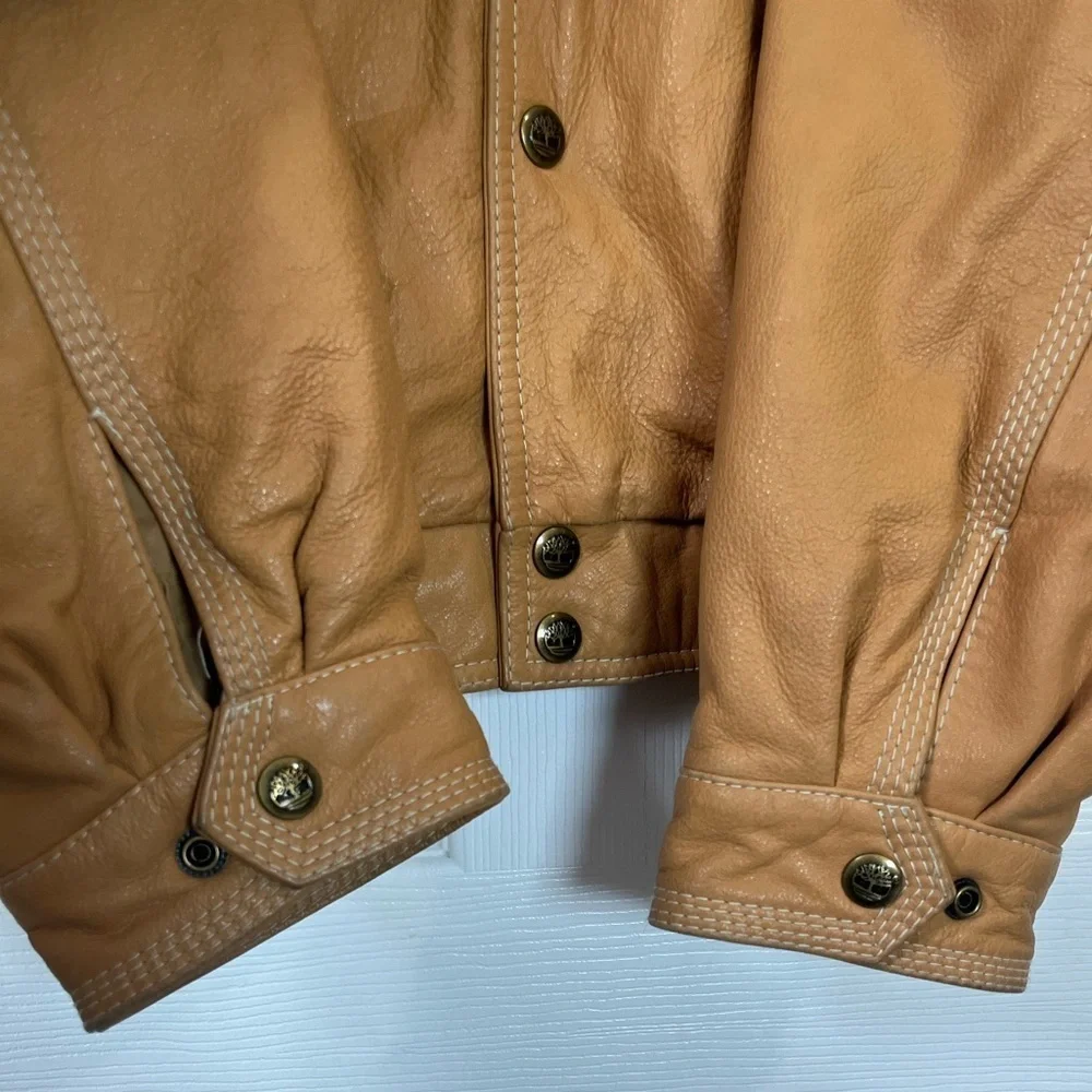 Timberland Tan Leather Vintage Logo Bomber Jacket XXL